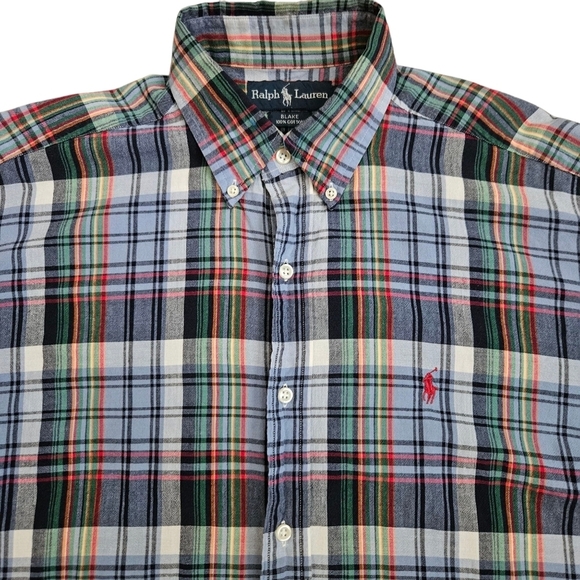 Ralph Lauren Shirt Plaid Check Short Sleeve Blue Red Men's Medium - Picture 2 of 6